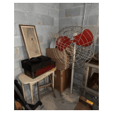 Vintage Display Case - Storage Box w/ Wagner Cast Iron Skillet - Vanity Desk - Pedestal Fan