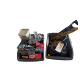 2 Bins Full of Misc. Including Chalk Lines, Measuring Tapes, DeWalt Saw, Screws, Nails, Hilti Fastners