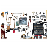 Contents of Peg Board and Hanging on Wall - Saw - Wrench Set - Bolt Cutter - Organizer Bin full of Hardware - Clamps - Etc.