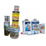 Seven of Polyurethane, Wood Stain or Wood Preservative.  Some Full, Some Approx Half. White Rust-Oleum, Partial Mineral Spirits and Liquid Sandpaper, 2 Ice and Water Refrigerator Filters.