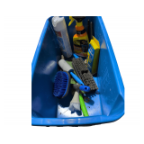 Many Brushes, Windshield Squeegee, Disinfectant Spray Goo Be Gone, Clock, Fabuloso, Upholstery Cleaner, More Brushes.