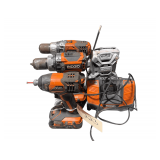3 Ridgid Impact / Drills With Batteries and Charger and Jobsite Radio