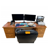 Wooden Computer Desk 85”L X 25.5” D. X 29”H. - Dell Desk Top Computer- Spectre 27” Monitors - Keyboard- Mouse- Computer Chair