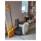 Contents of Corner - Snow Shovel - Microwave - Box Fan- Wood- Filters and More