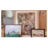 3 peices of Art Work - the Footprints of God, 15.5 x 12 - Ink Drawing by M Buren 22 x 18- Framed Print 37 x 41