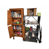 Contents Of Metal Shelf & Wooden Cabinet- Contents Only Includes Plastic Cups - RenyoldssWrap - Paper Cups - Electric Waffle Maker- Paper Plates