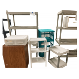 7 Plastic Stands Of Various Sizes and 2 Drawer Metal Cabinet