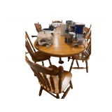 Wooden Table with 5 Leaves in It 119"x48"x30" 2 Arm Chairs 8 Other Chairs