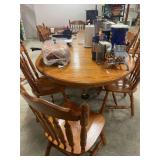 Wooden Table with 5 Leafs in It 119"x48"x30" 2 Arm Chairs 8 Other Chairs