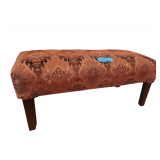 Kilim-style upholstered wooden accent bench featuring a tribal or bohemian rug pattern. 37 x 30 x 16
