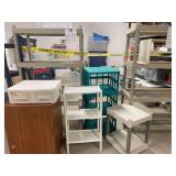 7 Plastic Stands Of Various Sizes and 2 Drawer Metal Cabinet