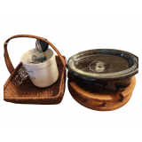 Speckled Metal Crock Pot Insert. Wooden Lazy Susan - Basket - Planter and Bird Feeder