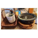 Speckled Metal Crock Pot Insert. Wooden Lazy Susan - Basket - Planter and Bird Feeder