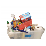 Cabinet and Tub of Cleaning Supplies