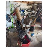 Trash Can Of Assorted Garden Tools - Oil Buckets- Flags