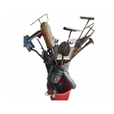 Trash Can Of Assorted Garden Tools - Oil Buckets- Flags