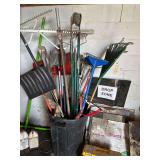 Trash Can Of Assorted Garden Tools - Plastic Toolbox