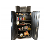 Steel Cabinet 6’H. X 3’W. X 18”D. Includes Contents & Stereo System On Top