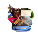 Large lot of miscellaneous including, Gear Oil, Coleman Heater, Tv Antenna, Manual Air Pump, Pineapple Corer, Bucket, AC Sporli Motion Detector