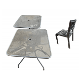 2 Metal Tables 28” x 28” and 2 Black Metal Chairs