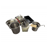 Various Stainless Steel Food Bins, Soup Tureen, Mixing Bowl, & Kitchen Utensils