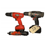 Black& and Decker drill w Batt., Black& Decker screw gun, no batt. Porter-Cable Drill w Battery, No Chargers