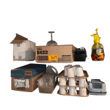 Box of Printer Paper, Round Martini Glasses, Balloon Pumpers, Coffee Mugs, Pyramid 3500 Time Clock, Pitchers, Credit Card Signing Pads