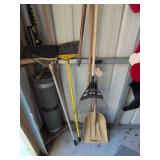 Leaf Rake, Grain Shovel, Flat Shovel, Hard Rake, Spade, Trenching Shovel, 2 Brooms, Windshield Scraper w Brush, Hardware Cloth