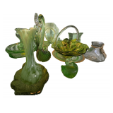Vintage Green Glass Pieces - Vintage Viking Green Basket - Green Glass Swung Vase - Vintage Grren Uranium depression Glass pieces