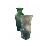 13" Green and 9.5" Clear Glass Vases