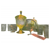 Vintage Uranium Glass Lidded Compote - Various Crackle  Uranium Glass Ware - Collection of Green Glassware Containing Uranium .