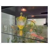 Vintage Uranium Glass Lidded Compote - Various Crackle  Uranium Glass Ware - Collection of Green Glassware Containing Uranium .