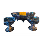 vintage Indiana Glass Harvest Grape iridescent blue carnival glass footed oval fruit bowl and matching small dishes.