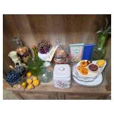 Shelf of Various Items - Plates - Glassware - Canisters