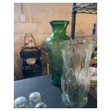 13" Green and 9.5" Clear Glass Vases