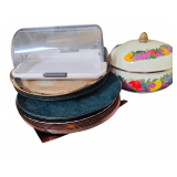 Woiden Tray of Chargers - Dutch Oven Style Pot and Lid - Stirage Container
