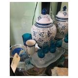 Ceramic Lidded Ginger Jar with Hand-painted Ivy Design - Blue Stemware Glasses on a leaf Dish.- Anchor Hocking Moonstone Opalescent Hobnail Ruffled Bowl