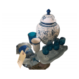Ceramic Lidded Ginger Jar with Hand-painted Ivy Design - Blue Stemware Glasses on a leaf Dish.- Anchor Hocking Moonstone Opalescent Hobnail Ruffled Bowl