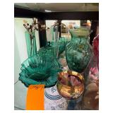 Blenko Green Emerald Cabbage Leaf Bowl -  Teal Green Diamond Patterned Pressed Glass Candy Dish - Indiana Glass illusions optic swirl Vase - Small Gold Painted Bowl