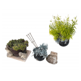 Various Planters w/ Artificial Plants - Concrete Bunny & Squirrel Yard Decor