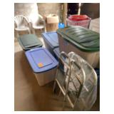 5 Large Plastic Totes and 2 Folding Walkers