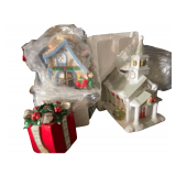 Two Christmas Houses and a Set of Candle Holders