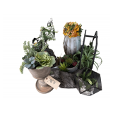 Faux Flower & Artificial Plant Arrangement - Planters, Vases, Footed Tray - Decor