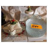 Glass Salad Plates - Vintage Hand Painted Cherry Plate - Christmas Trinket Box - Anchor Glass Canister with Christmas Lud