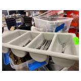 4 Plastic Totes of Flatware Tongs Labels Knifes