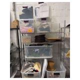 Contents of Shelf - Bins Full of Decorative Items - Chargers - Catering Themed Supplies