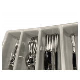 4 Plastic Totes of Flatware Tongs Labels Knifes