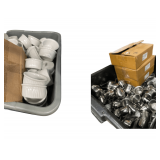 2 Totes of Ceramic Ramekins with Stainless Creamers