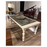 Wooden Dining Table 8’L.X4’W. X30”H. Pole Lamp Table Runner Peacock Bowl Included