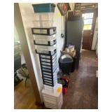 Items on Floor , Plastic Storage Bins, 2 Garbage Bins ,Lighting